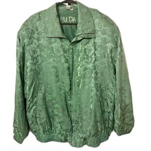Vintage 80s FUDA International 100% Silk Floral Bomber Jacket Green 1X